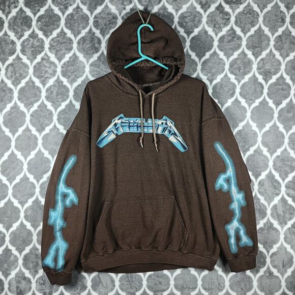 Metallica Hoodie Mens Large Brown Lightning Pullover Sweatshirt Band Rock - Picture 1 of 7